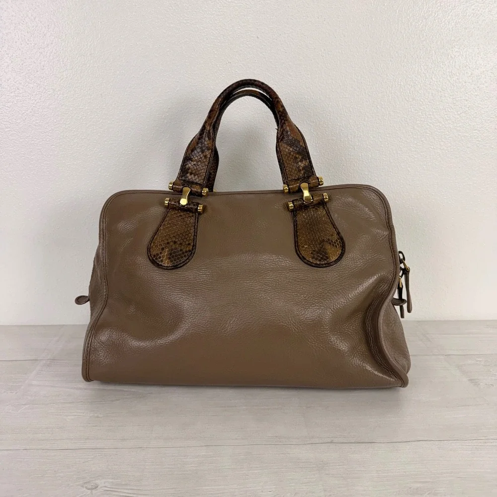 Gucci Satchel Hand Bag Taupe Brown Leather Snakeskin Trim Gold Hardware M Office